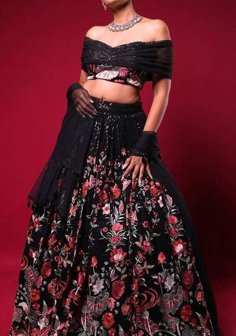 Black off-shoulder sequin blouse and floral embroidered lehenga skirt set