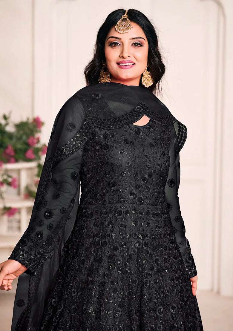 Black printed long kurta with mirror embellishments and matching sheer dupatta