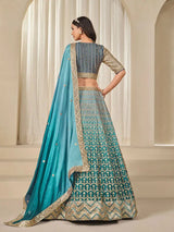Nayoora Teal Blue Premium Chinnon Silk Lehenga Choli with Heavy Work