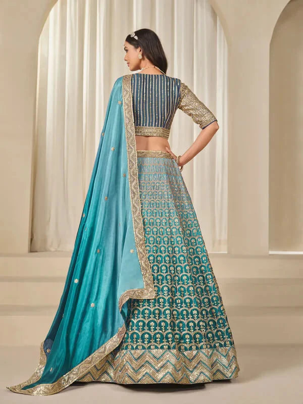 Nayoora Teal Blue Premium Chinnon Silk Lehenga Choli with Heavy Work