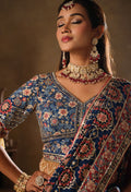 Nayoora Royal Blue Natural Crepe Aari Handwork Designer Saree with Stitched Blouse
