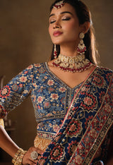 Nayoora Royal Blue Natural Crepe Aari Handwork Designer Saree with Stitched Blouse