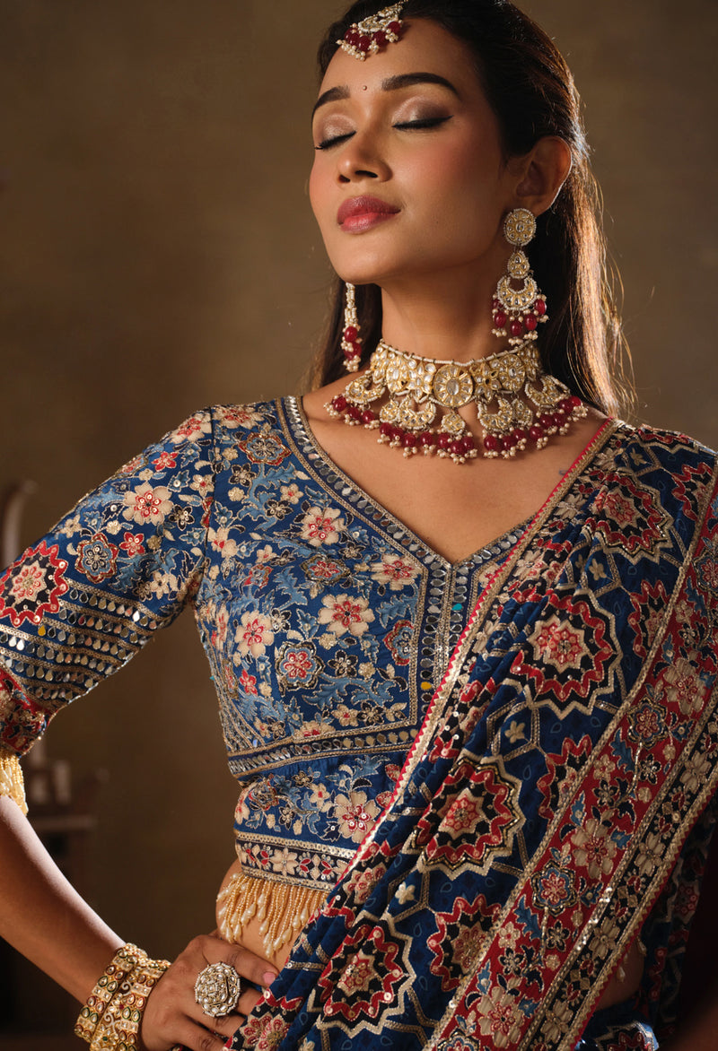 Nayoora Royal Blue Natural Crepe Aari Handwork Designer Saree with Stitched Blouse