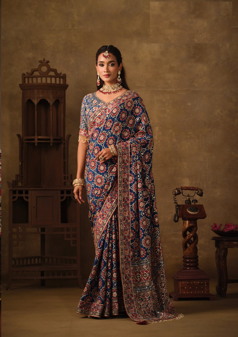 Nayoora Royal Blue Natural Crepe Aari Handwork Designer Saree with Stitched Blouse