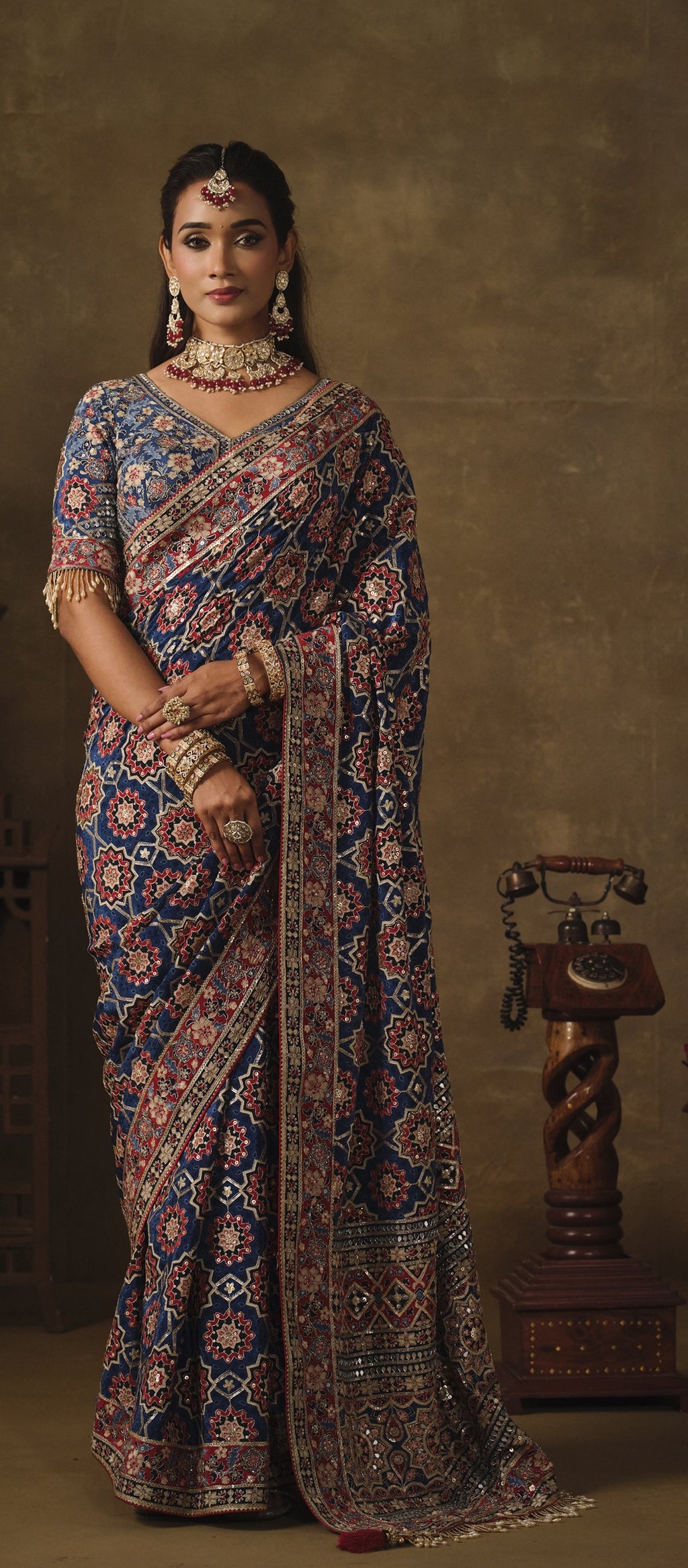 Nayoora Royal Blue Natural Crepe Aari Handwork Designer Saree with Stitched Blouse
