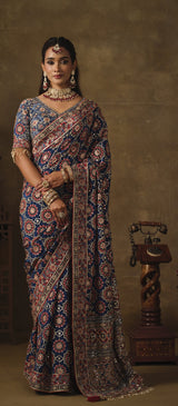 Nayoora Royal Blue Natural Crepe Aari Handwork Designer Saree with Stitched Blouse