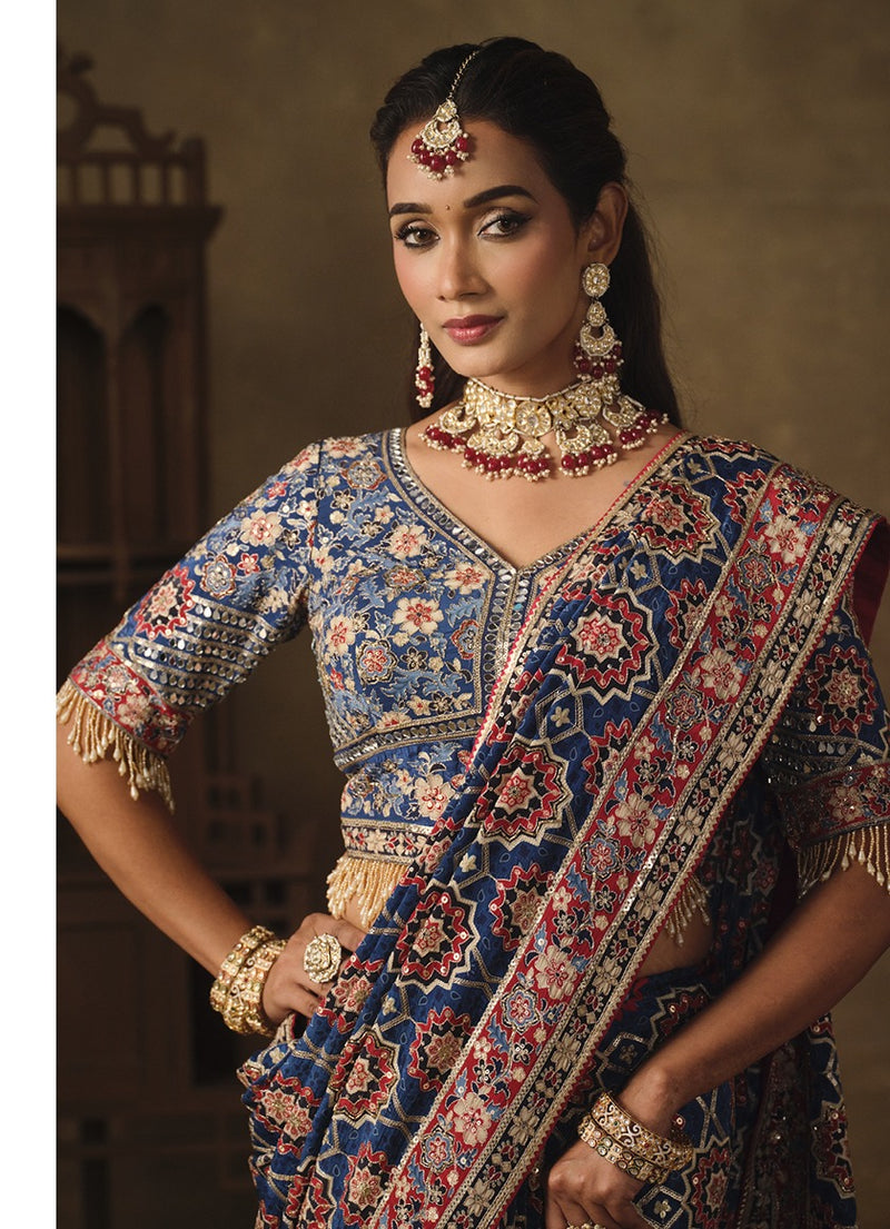 Nayoora Royal Blue Natural Crepe Aari Handwork Designer Saree with Stitched Blouse
