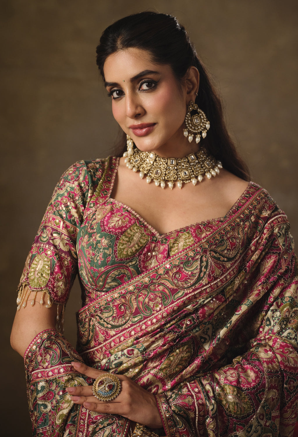 Nayoora Multicolour Natural Crepe Aari Handwork Designer Saree with Stitched Blouse