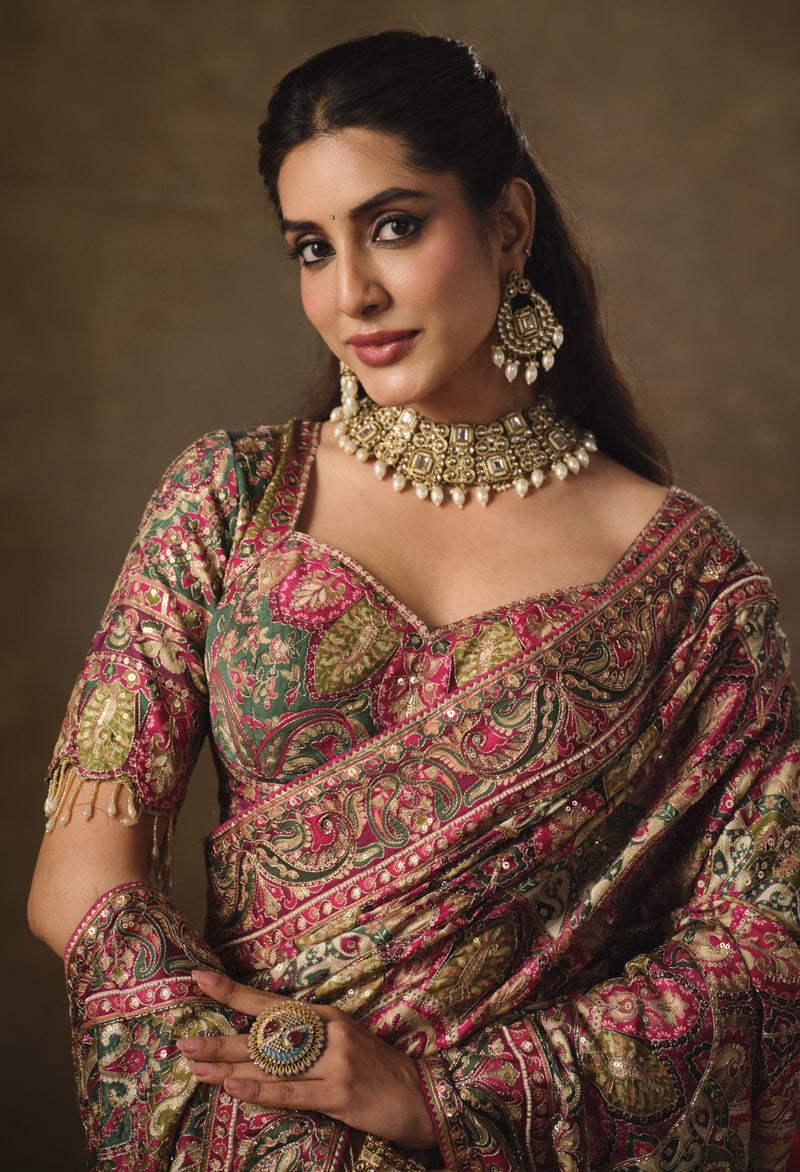 Nayoora Multicolour Natural Crepe Aari Handwork Designer Saree with Stitched Blouse