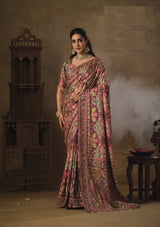 Nayoora Multicolour Natural Crepe Aari Handwork Designer Saree with Stitched Blouse
