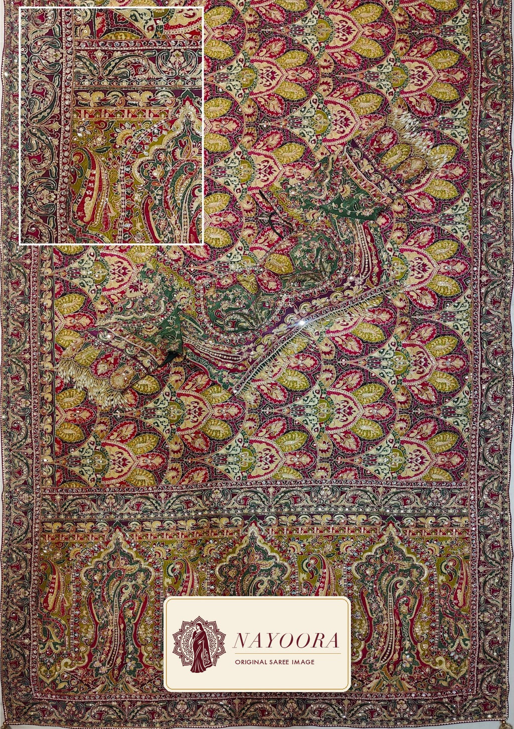 Nayoora Multicolour Natural Crepe Aari Handwork Designer Saree with Stitched Blouse