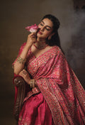 Nayoora Pink Multicolour Natural Crepe Aari Handwork Designer Saree with Stitched Blouse