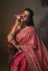 Nayoora Pink Multicolour Natural Crepe Aari Handwork Designer Saree with Stitched Blouse