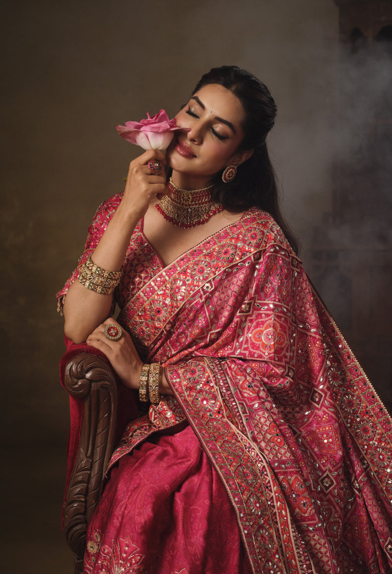 Nayoora Pink Multicolour Natural Crepe Aari Handwork Designer Saree with Stitched Blouse