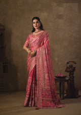 Nayoora Pink Multicolour Natural Crepe Aari Handwork Designer Saree with Stitched Blouse
