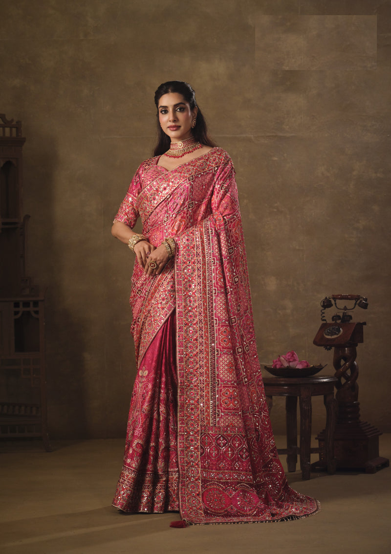 Nayoora Pink Multicolour Natural Crepe Aari Handwork Designer Saree with Stitched Blouse