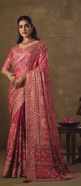 Nayoora Pink Multicolour Natural Crepe Aari Handwork Designer Saree with Stitched Blouse