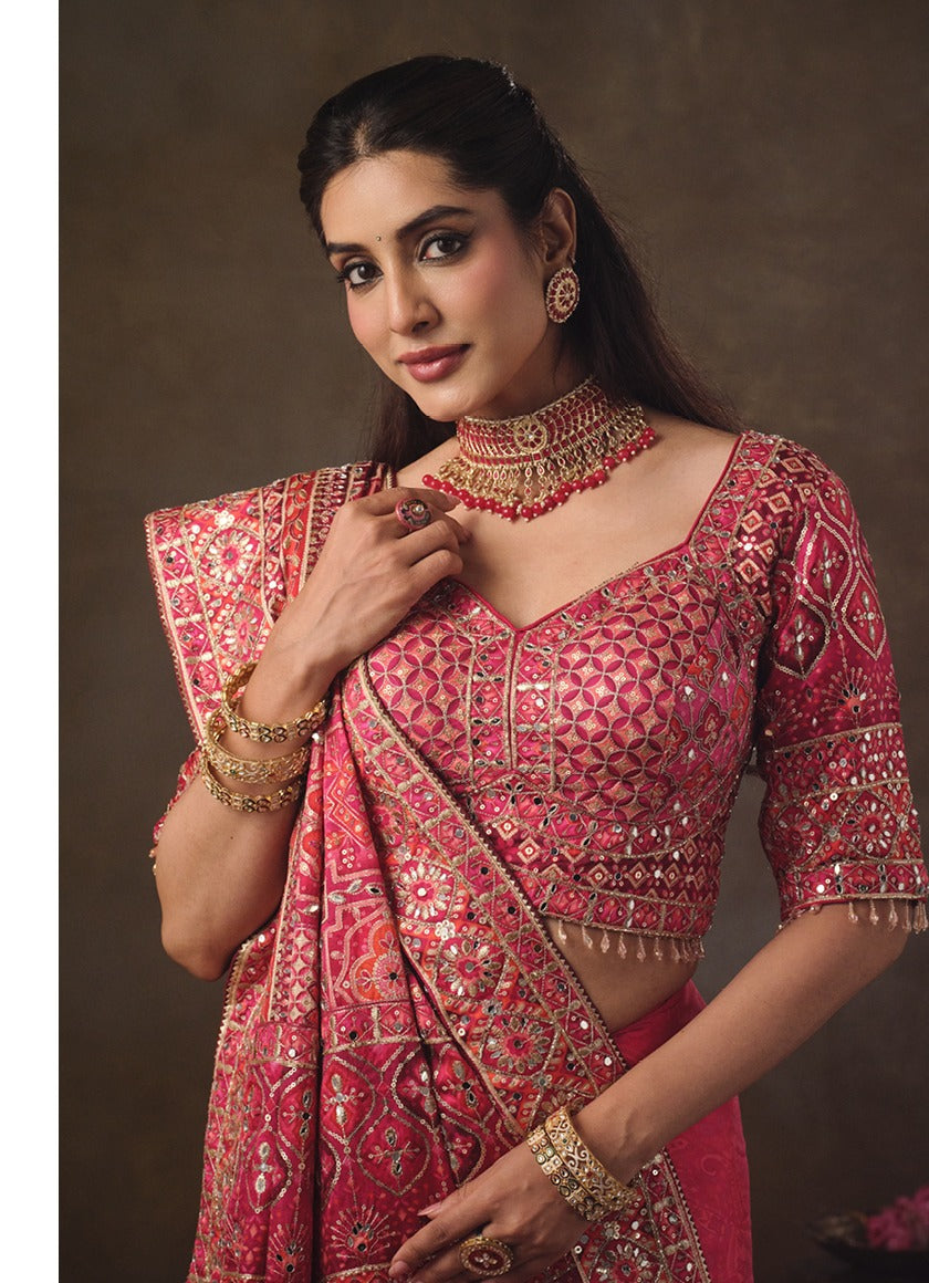 Nayoora Pink Multicolour Natural Crepe Aari Handwork Designer Saree with Stitched Blouse