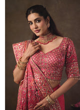 Nayoora Pink Multicolour Natural Crepe Aari Handwork Designer Saree with Stitched Blouse
