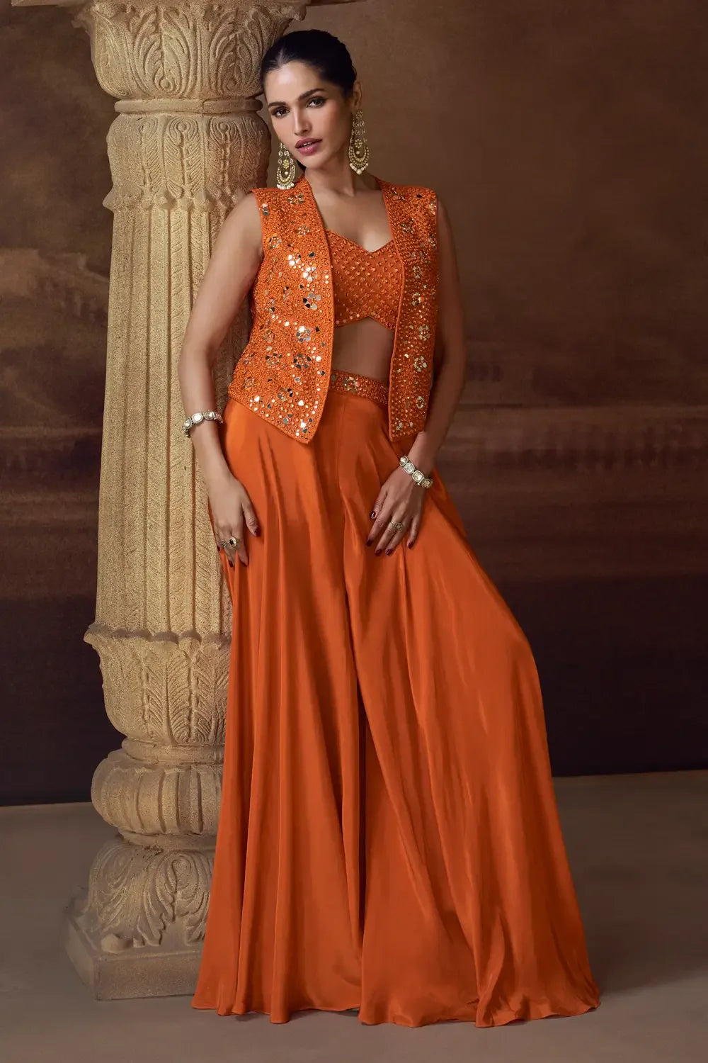 Nayoora Luxe Rust Orange Real Mirror Work Jacket Style Chinnon Co-Ord Set - Nayoora