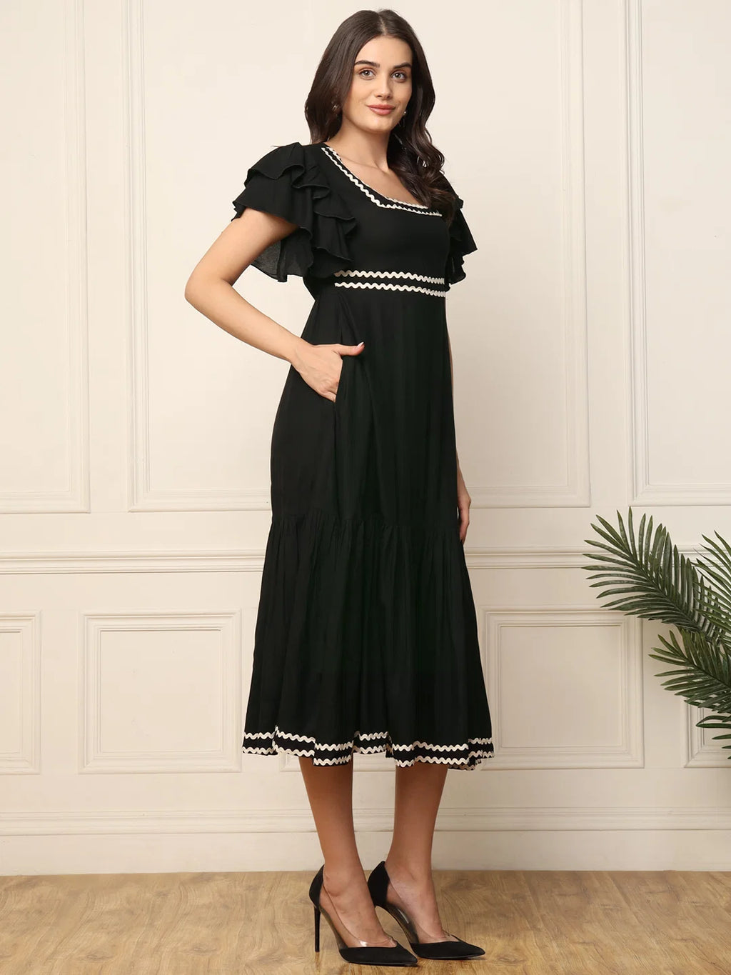 Nayoora Black Solid Ruffle Sleeve Fit & Flare Midi Dress
