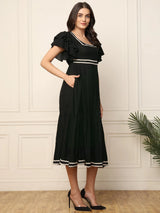 Nayoora Black Solid Ruffle Sleeve Fit & Flare Midi Dress