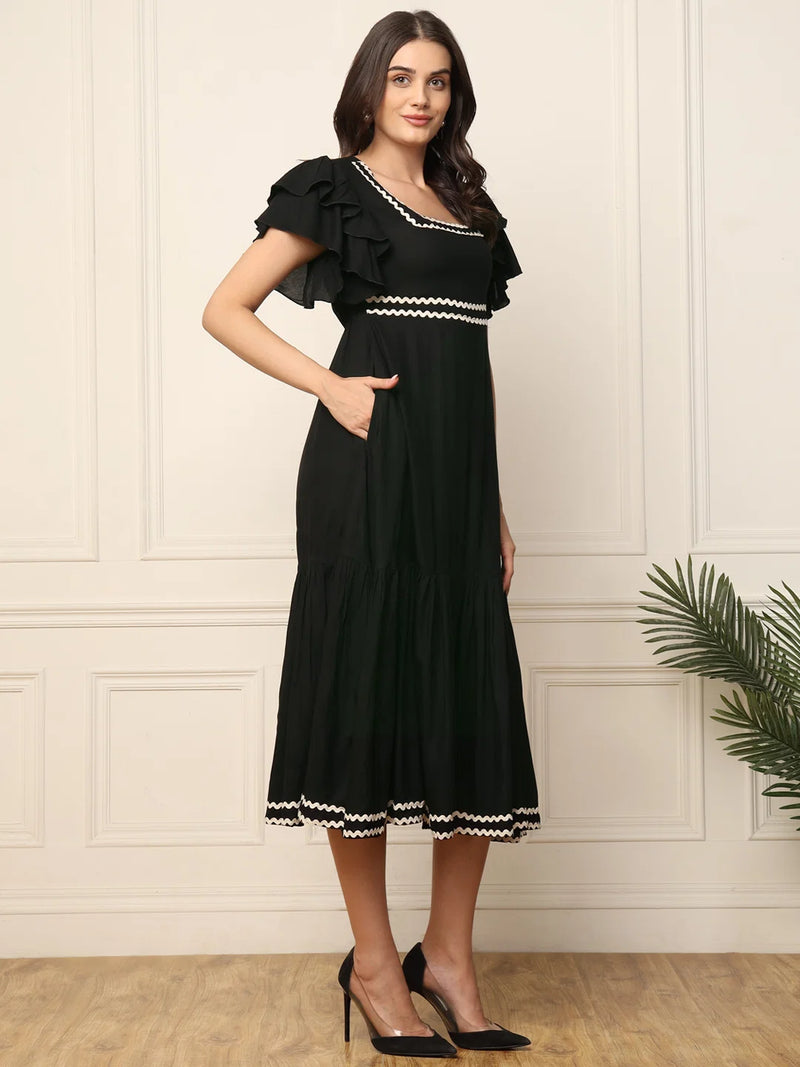 Nayoora Black Solid Ruffle Sleeve Fit & Flare Midi Dress