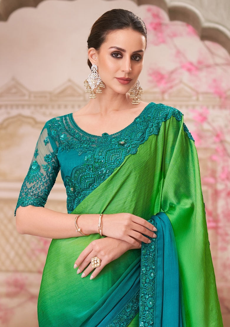 Nayoora Parrot Green & Teal Ombré Silk Saree