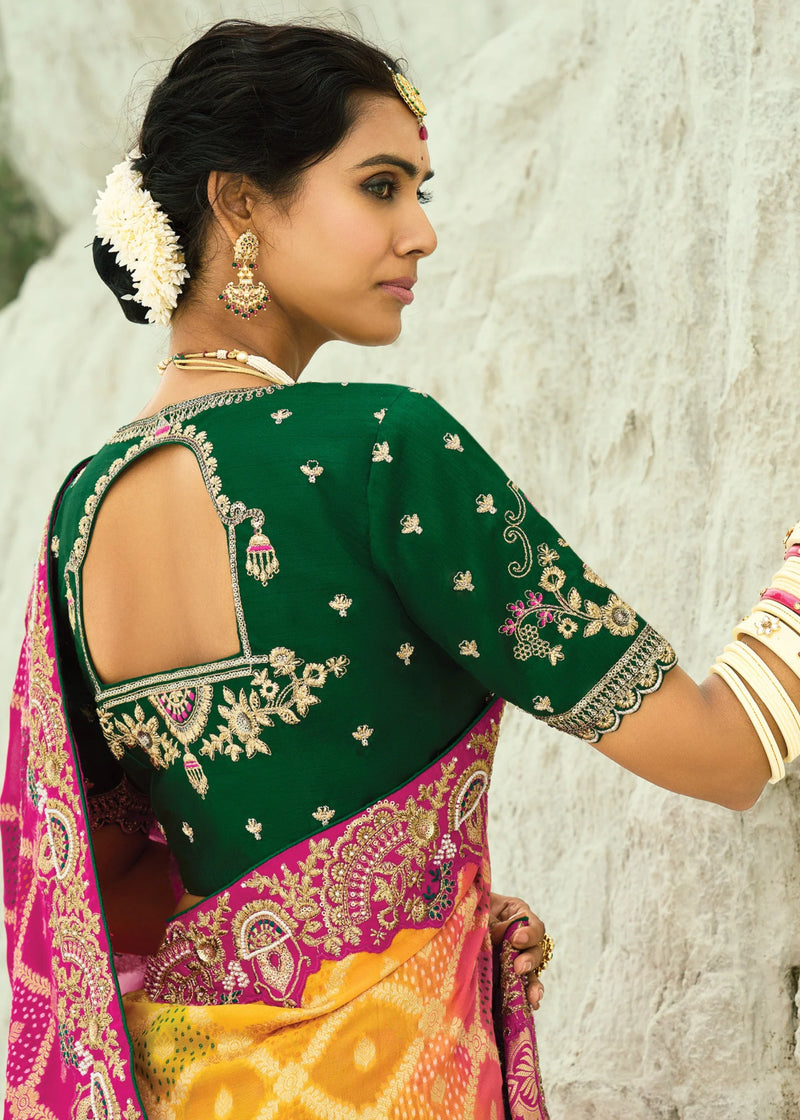 Nayoora Rani Pink & Sunshine Yellow Georgette Woven Saree with Emerald Green Embroidered Blouse