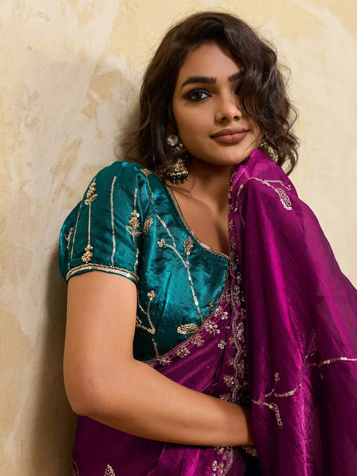 Nayoora Magenta Embroidered Designer Saree With Teal Blouse