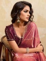 Nayoora Rose Pink Embroidered Designer Saree With Wine Blouse