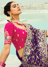 Nayoora Royal Purple Georgette Designer Saree with Rani Pink Embroidered Blouse