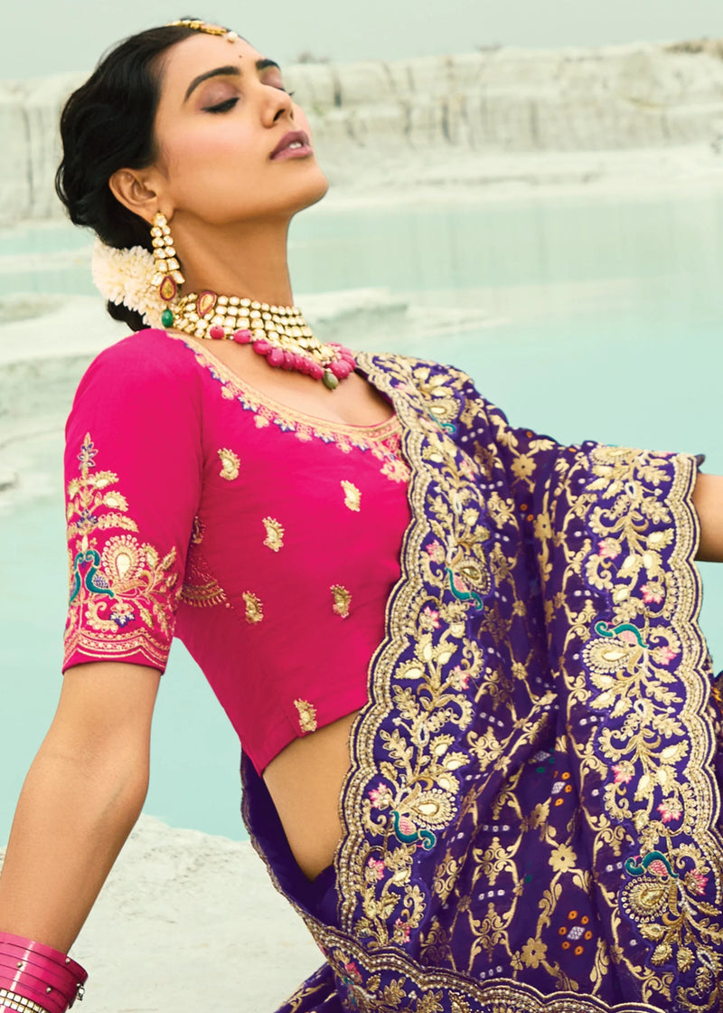 Nayoora Royal Purple Georgette Designer Saree with Rani Pink Embroidered Blouse