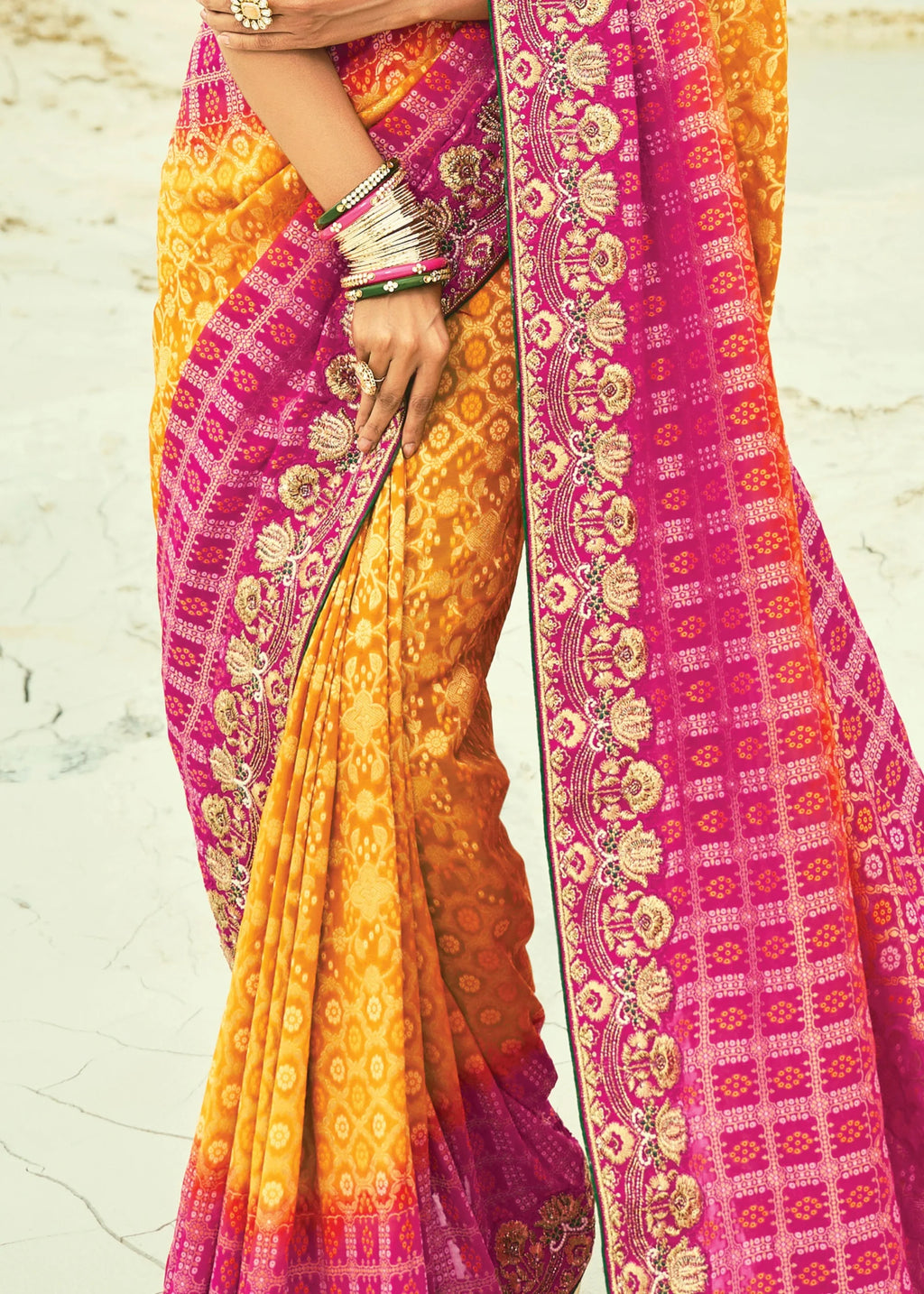 Nayoora Royal Sunset Pink & Mustard Georgette Embroidered Saree