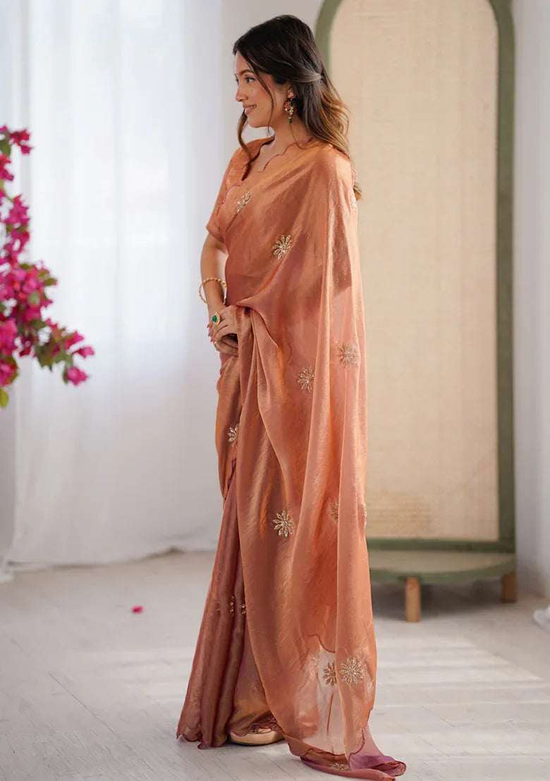 Rust satin saree, side view, with beaded motifs and ornate drape with border