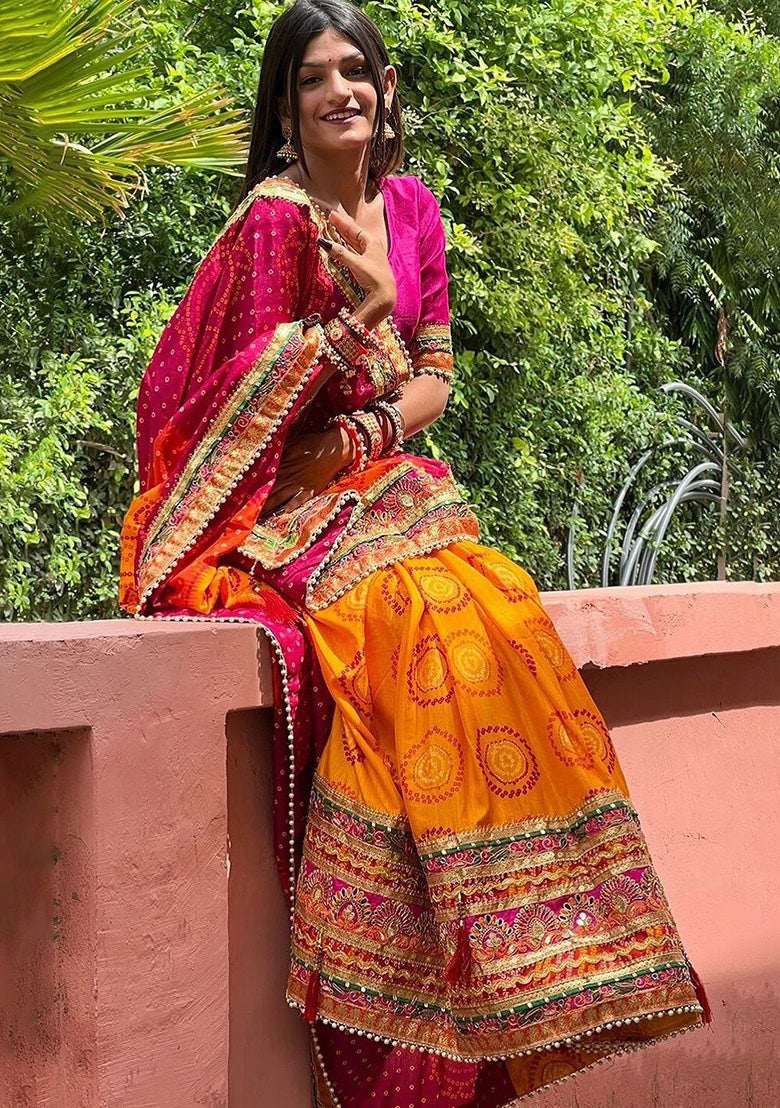 Nayoora Luxe Sunshine Yellow & Magenta Bandhani Moss Chiffon Saree - Nayoora