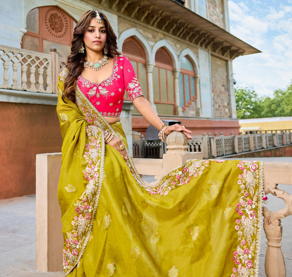 Nayoora Olive Green Silk Designer Saree with Rani Pink Embroidered Blouse