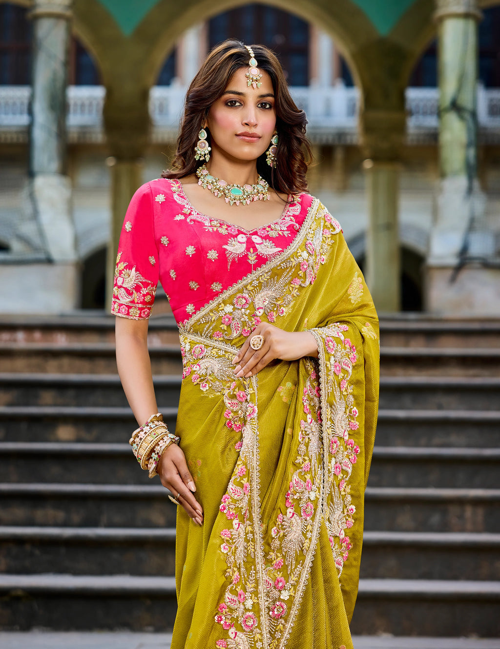 Nayoora Olive Green Silk Designer Saree with Rani Pink Embroidered Blouse