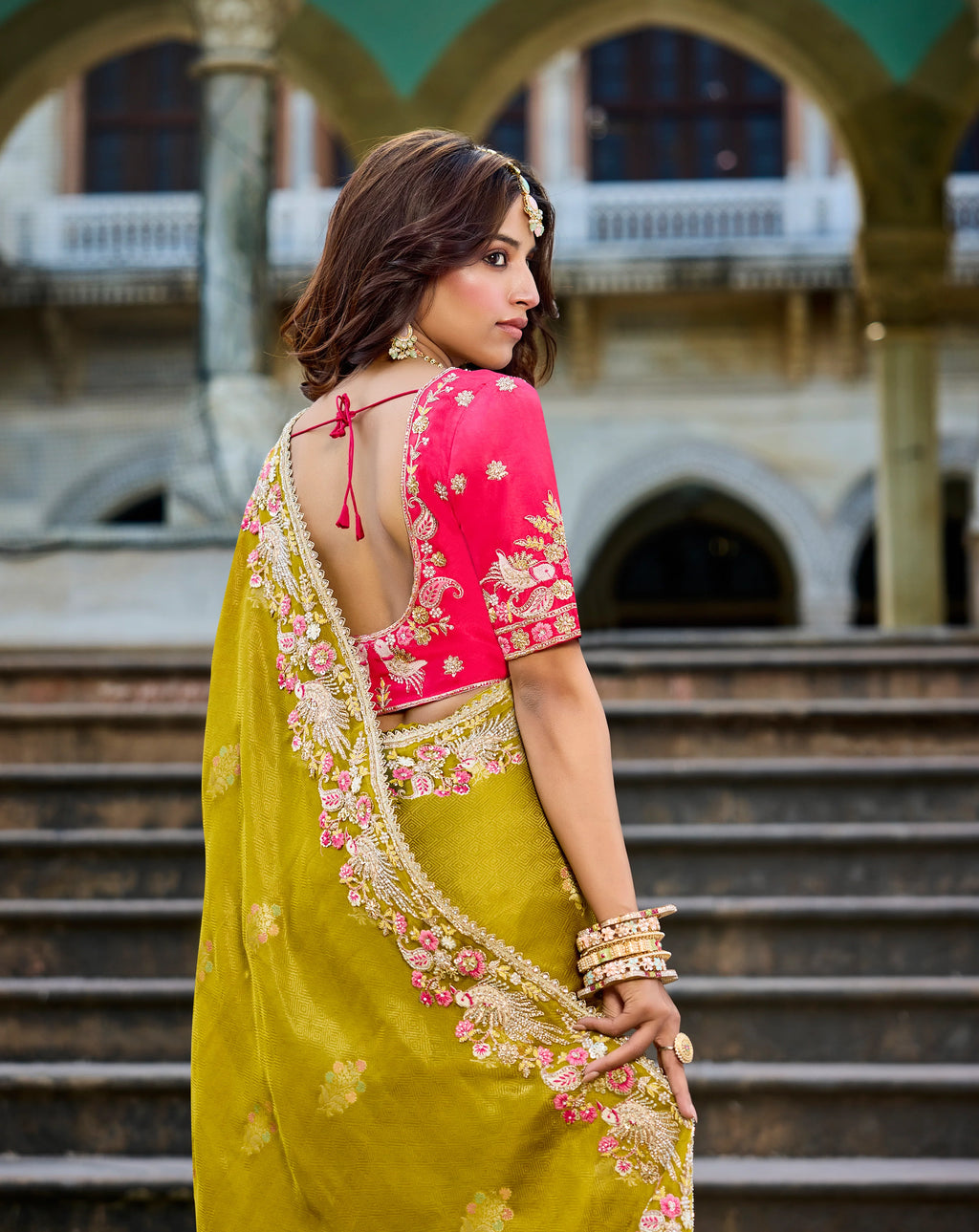 Nayoora Olive Green Silk Designer Saree with Rani Pink Embroidered Blouse