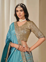 Nayoora Teal Blue Premium Chinnon Silk Lehenga Choli with Heavy Work