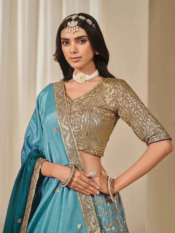 Nayoora Teal Blue Premium Chinnon Silk Lehenga Choli with Heavy Work