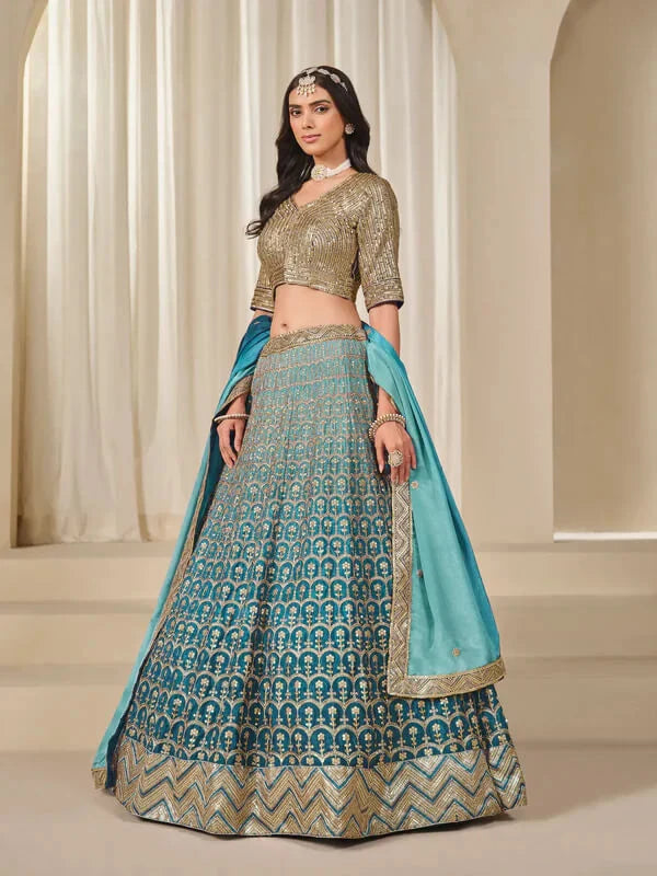 Nayoora Teal Blue Premium Chinnon Silk Lehenga Choli with Heavy Work