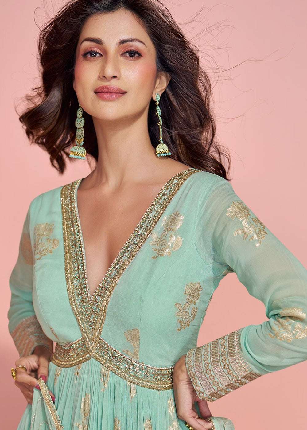 Nayoora Luxe Mint Green Gold Jacquard Viscose Silk Gown - Nayoora