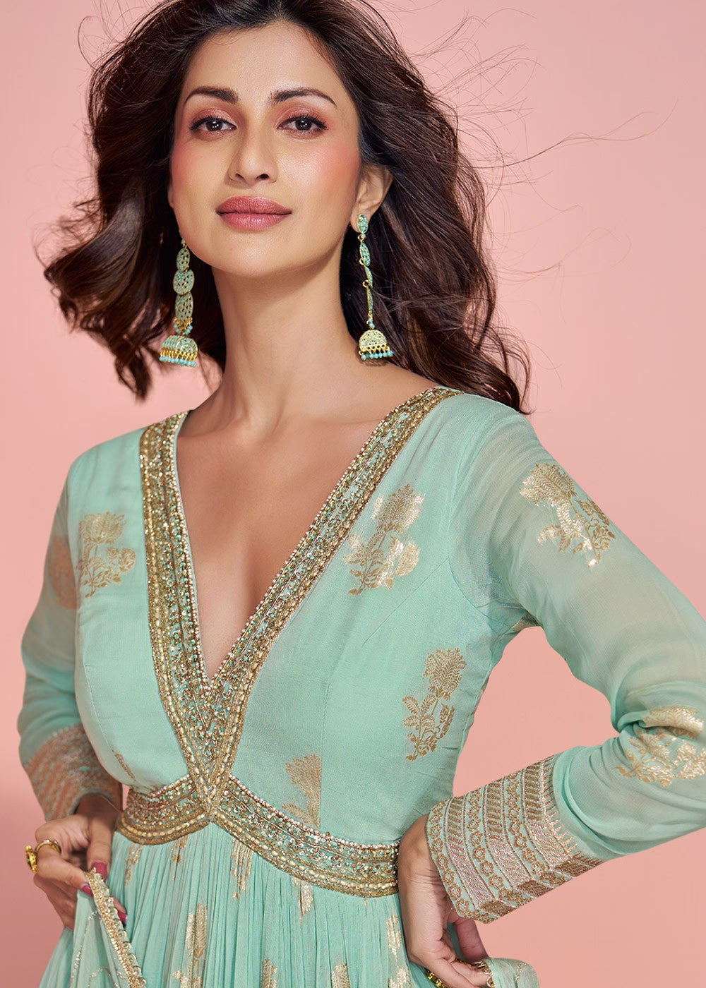 Nayoora Luxe Mint Green Gold Jacquard Viscose Silk Gown - Nayoora