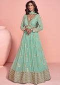 Nayoora Luxe Mint Green Gold Jacquard Viscose Silk Gown - Nayoora