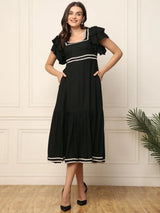 Nayoora Black Solid Ruffle Sleeve Fit & Flare Midi Dress