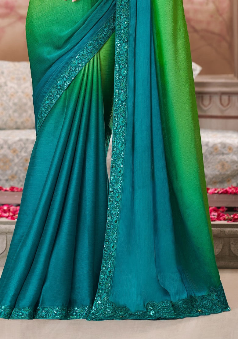 Nayoora Parrot Green & Teal Ombré Silk Saree