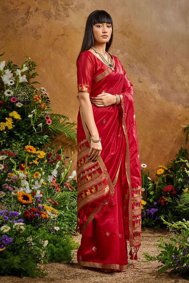 Nayoora Red Tussar Silk Handloom Saree with Traditional Woven Border