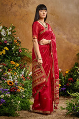 Nayoora Red Tussar Silk Handloom Saree with Traditional Woven Border
