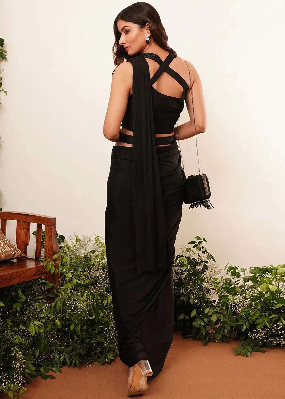 Nayoora Luxe Midnight Black Pure Georgette Pearl Handwork Saree Set - Nayoora
